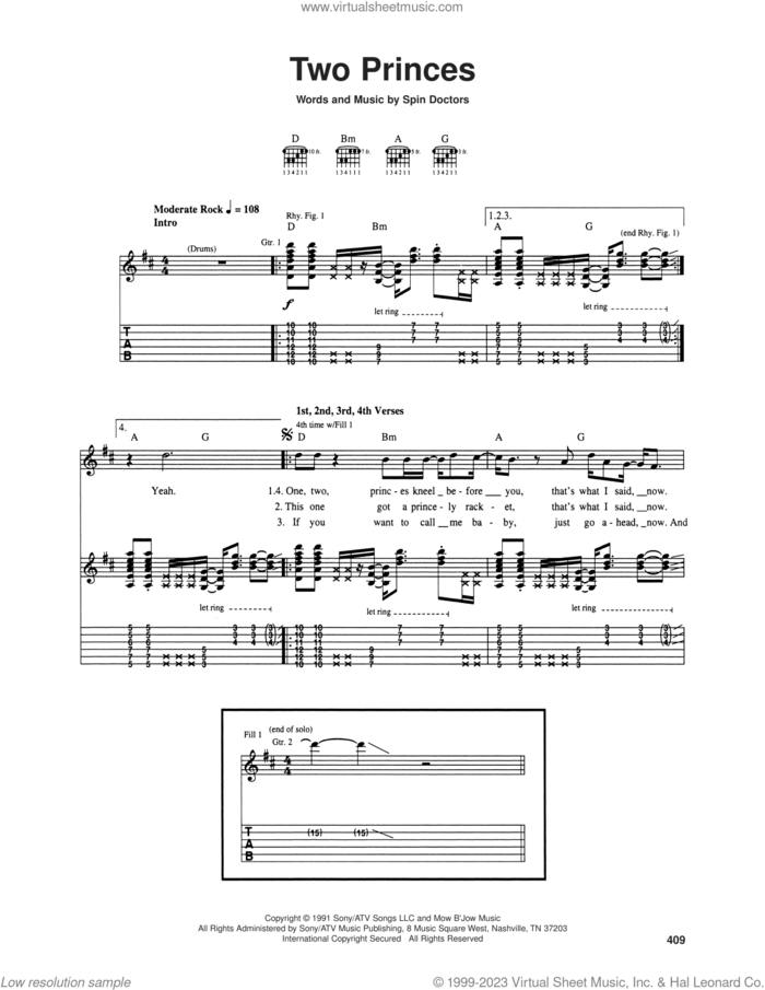 Two Princes sheet music for guitar (tablature) by Spin Doctors, Aaron Comess, Christopher Gross, Eric Schenkman and Mark White, intermediate skill level