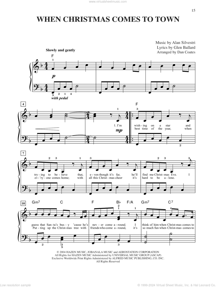 When Christmas Comes To Town (from The Polar Express) (arr. Dan Coates) sheet music for piano solo by Glen Ballard, Alan Silvestri and Glen Ballard and Alan Silvestri, easy skill level