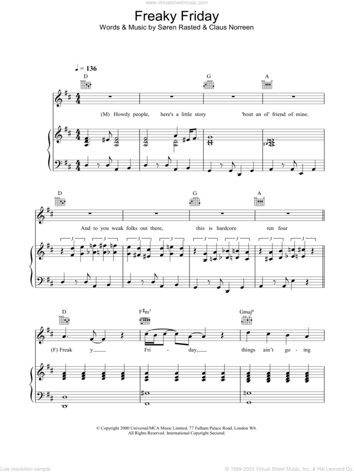 Freaky Friday sheet music for voice, piano or guitar by Aqua, intermediate skill level