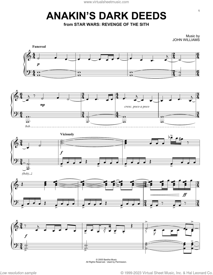 Anakin's Dark Deeds (from Star Wars: Revenge Of The Sith) sheet music for piano solo by John Williams, intermediate skill level