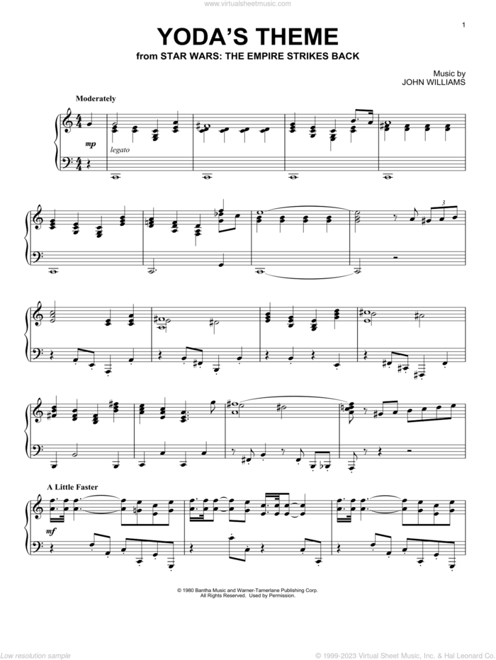 Yoda's Theme (from Star Wars: The Empire Strikes Back) sheet music for piano solo by John Williams, intermediate skill level