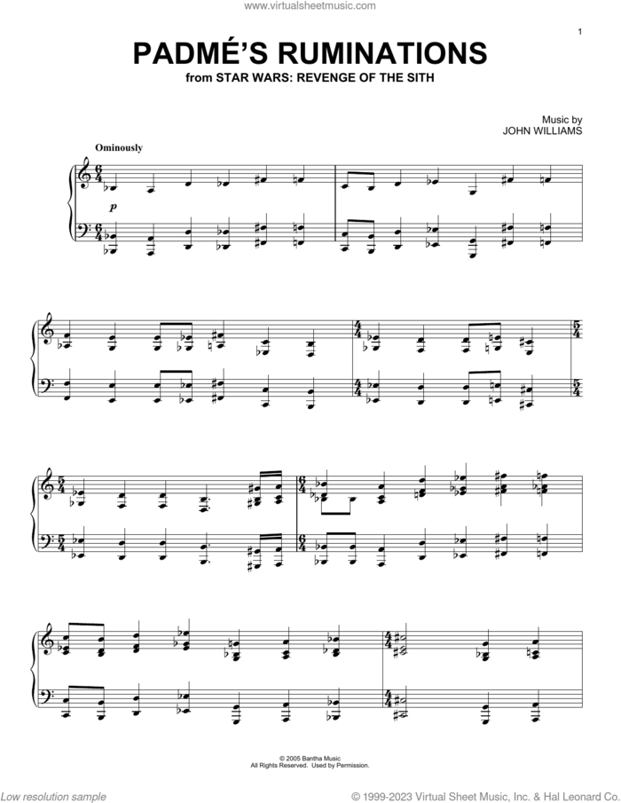Padme's Ruminations (from Star Wars: Revenge Of The Sith) sheet music for piano solo by John Williams, intermediate skill level