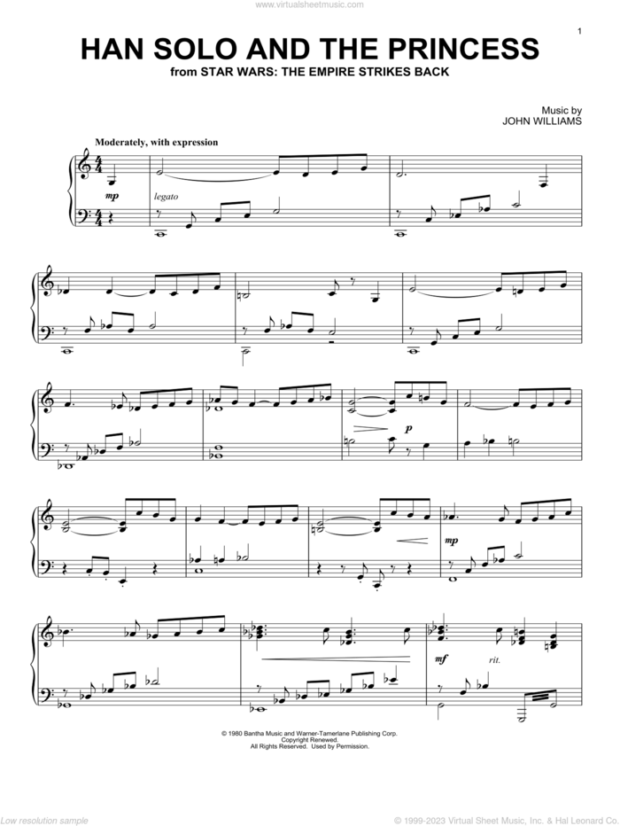 Han Solo And The Princess (from Star Wars: The Empire Strikes Back), (intermediate) sheet music for piano solo by John Williams, intermediate skill level