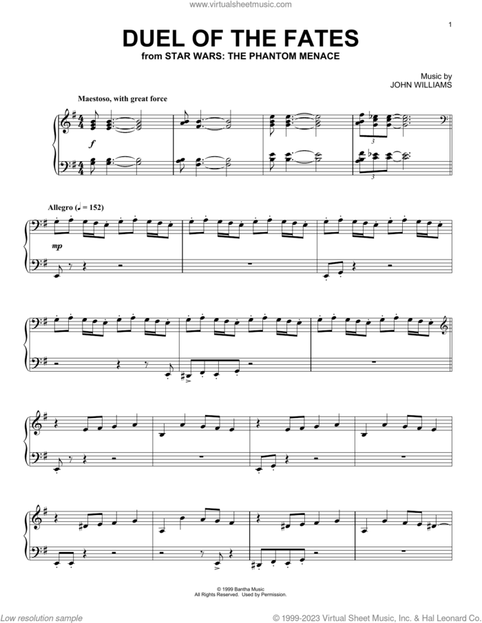 Duel Of The Fates (from Star Wars: The Phantom Menace), (intermediate) sheet music for piano solo by John Williams, intermediate skill level