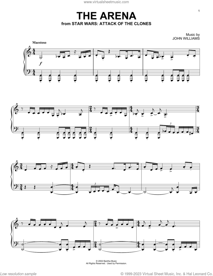 The Arena (from Star Wars: Attack Of The Clones) sheet music for piano solo by John Williams, intermediate skill level