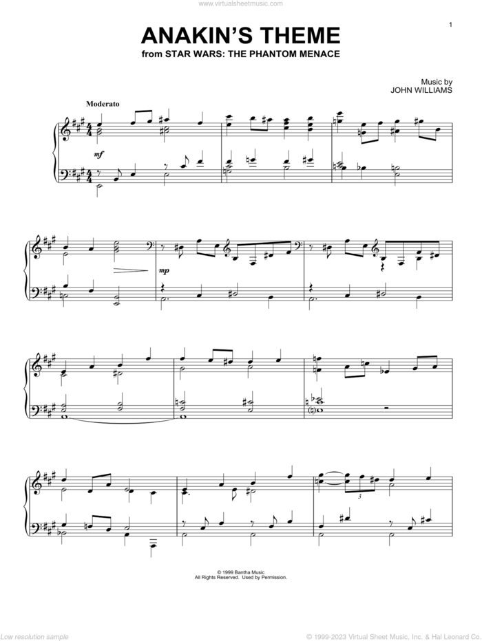 Anakin's Theme (from Star Wars: The Phantom Menace) sheet music for piano solo by John Williams, intermediate skill level