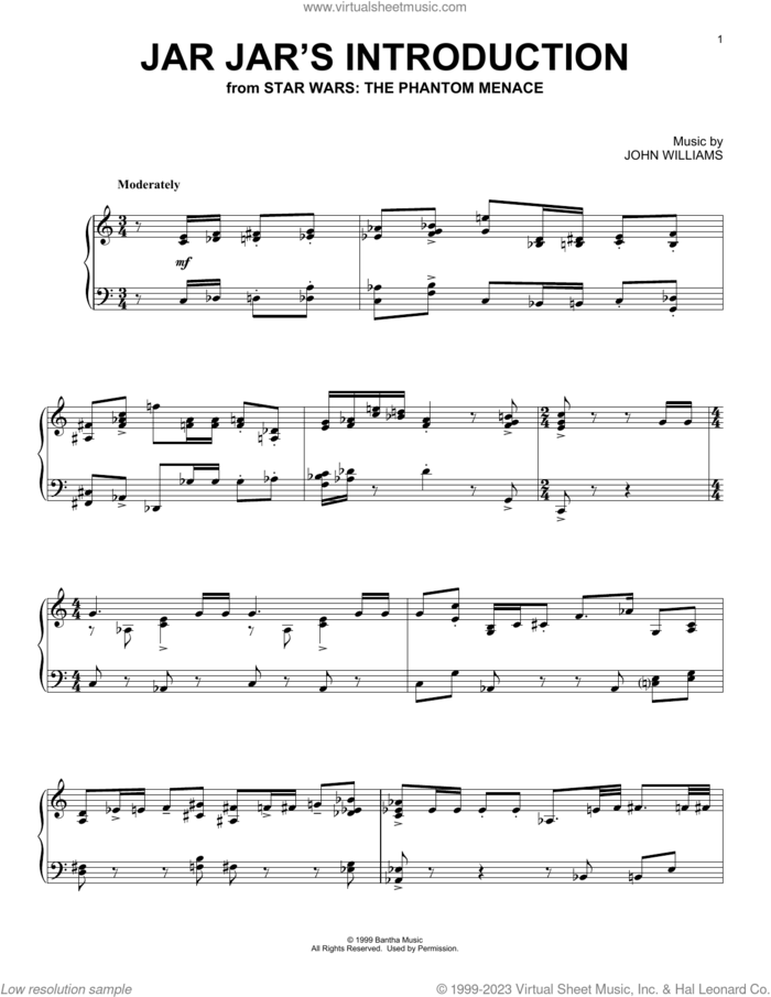 Jar Jar's Introduction And The Swim To Otoh Gunga (from Star Wars: The Phantom Menace) sheet music for piano solo by John Williams, intermediate skill level