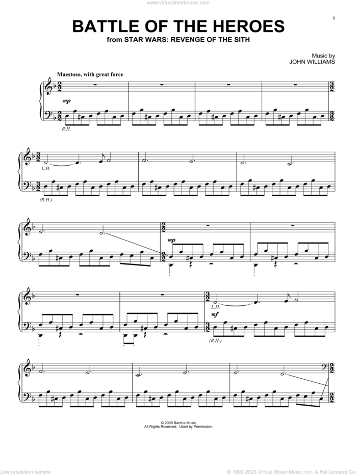 Battle Of The Heroes (from Star Wars: Revenge Of The Sith) sheet music for piano solo by John Williams, intermediate skill level