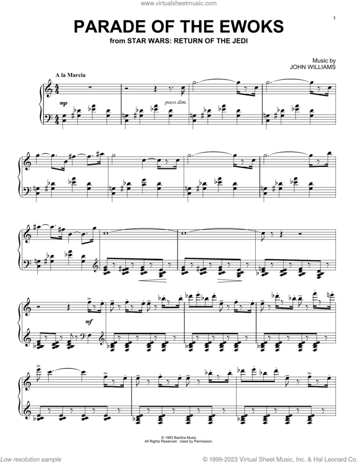 Parade Of The Ewoks (from Star Wars: Return Of The Jedi) sheet music for piano solo by John Williams, intermediate skill level