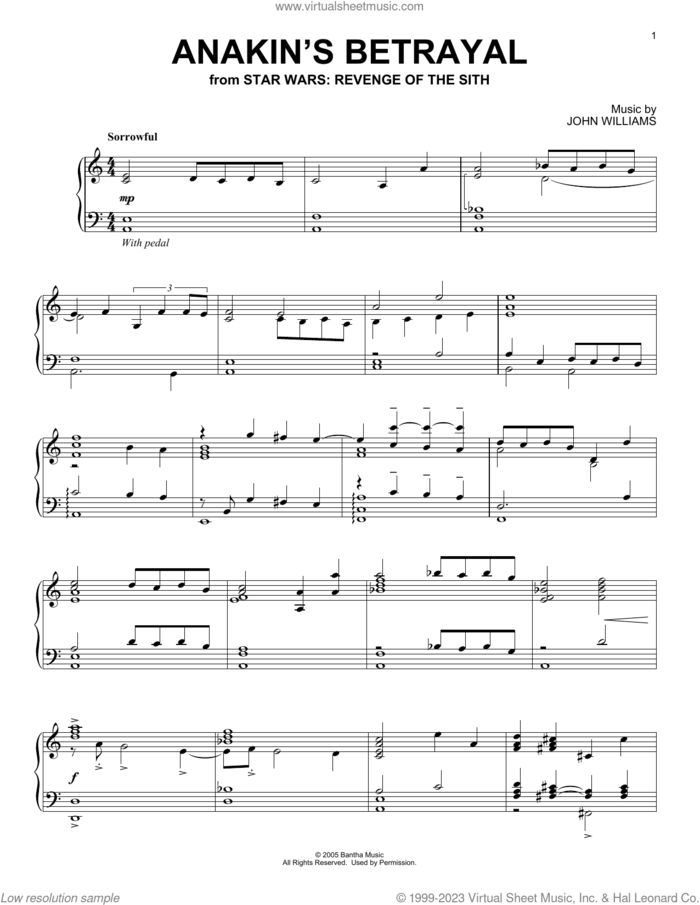 Anakin's Betrayal (from Star Wars: Revenge Of The Sith) sheet music for piano solo by John Williams, intermediate skill level