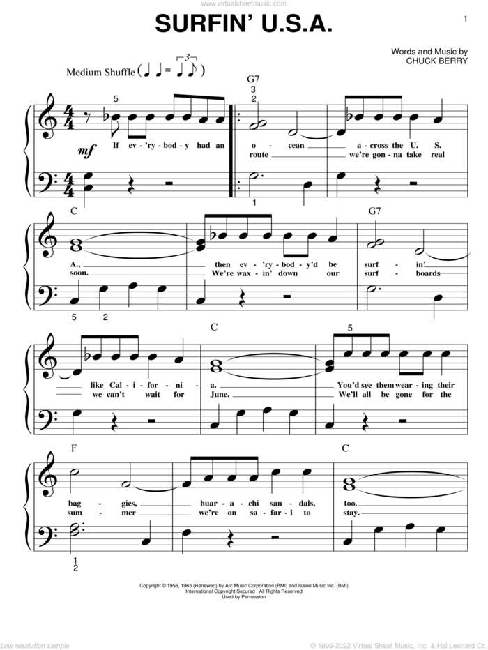 Surfin' U.S.A. sheet music for piano solo (big note book) by The Beach Boys, Brian Wilson and Chuck Berry, easy piano (big note book)