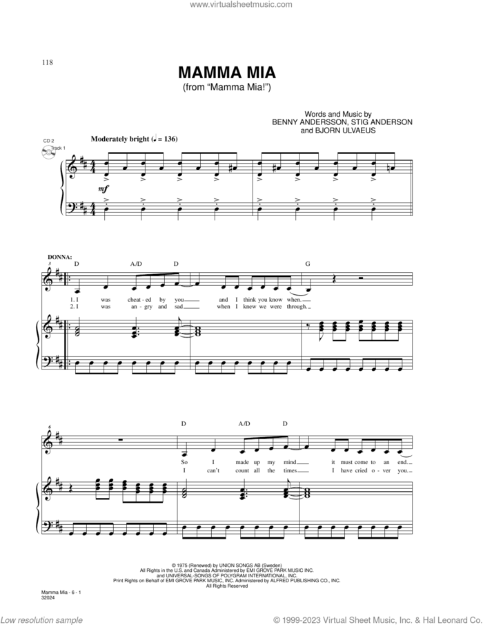 Mamma Mia (from Mamma Mia) sheet music for voice and piano by ABBA, Benny Andersson, Bjorn Ulvaeus and Stig Anderson, intermediate skill level