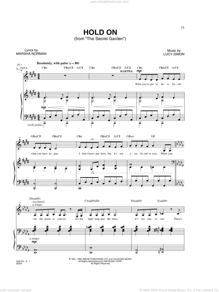 Hold On (from The Secret Garden) sheet music for voice and piano by Marsha Norman & Lucy Simon, Lucy Simon and Marsha Norman, intermediate skill level