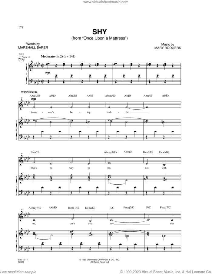 Shy (from Once Upon A Mattress) sheet music for voice and piano by Rodgers & Barer, Marshall Barer and Mary Rodgers, intermediate skill level
