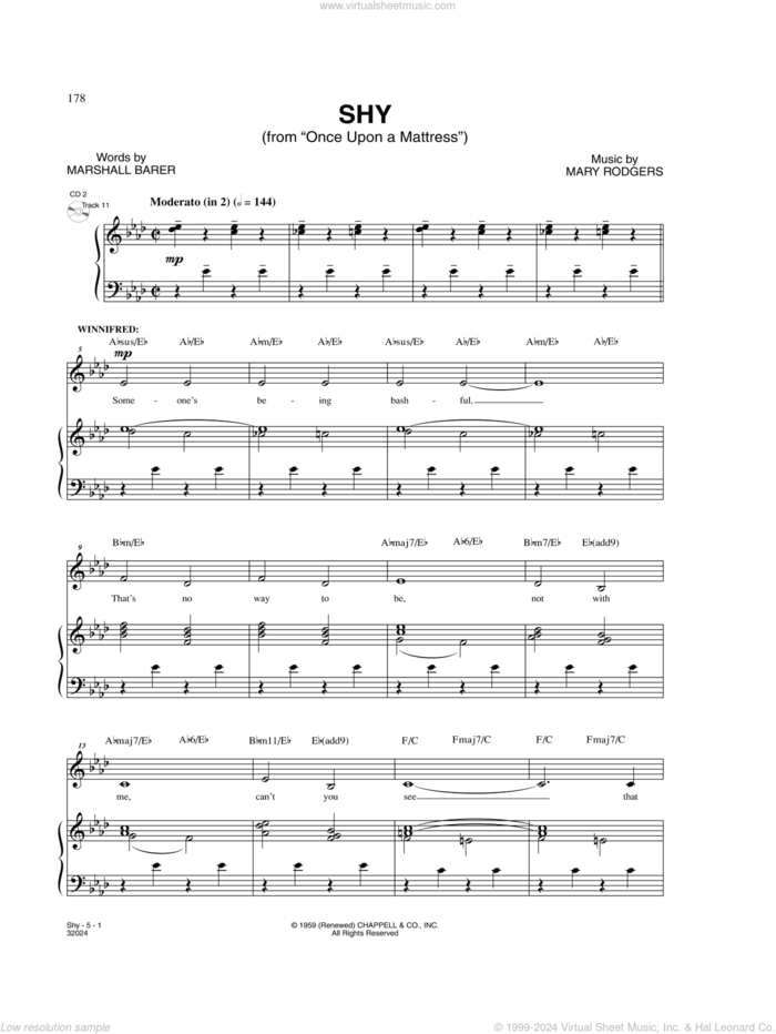 Shy (from Once Upon A Mattress) sheet music for voice and piano by Rodgers & Barer, Marshall Barer and Mary Rodgers, intermediate skill level