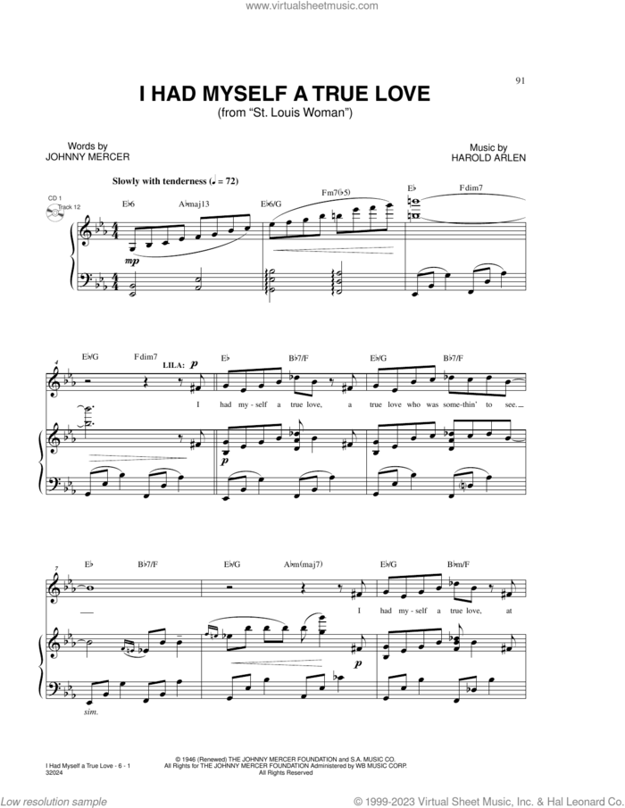I Had Myself A True Love (from St. Louis Woman) sheet music for voice and piano by Harold Arlen and Johnny Mercer, Harold Arlen and Johnny Mercer, intermediate skill level