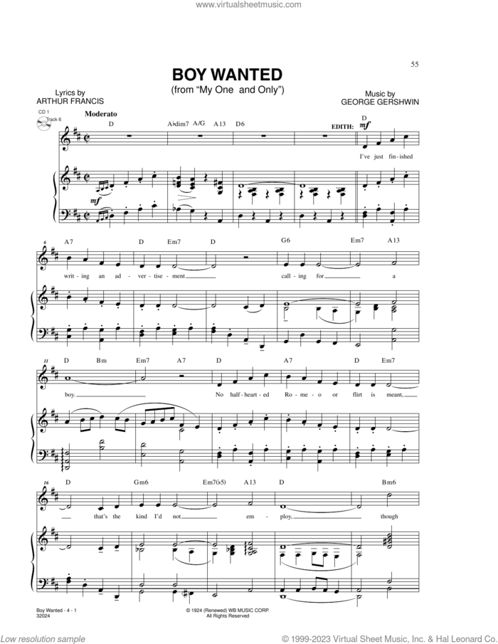 Boy Wanted (from My One And Only) sheet music for voice and piano by George Gershwin & Ira Gershwin, George Gershwin and Ira Gershwin, intermediate skill level