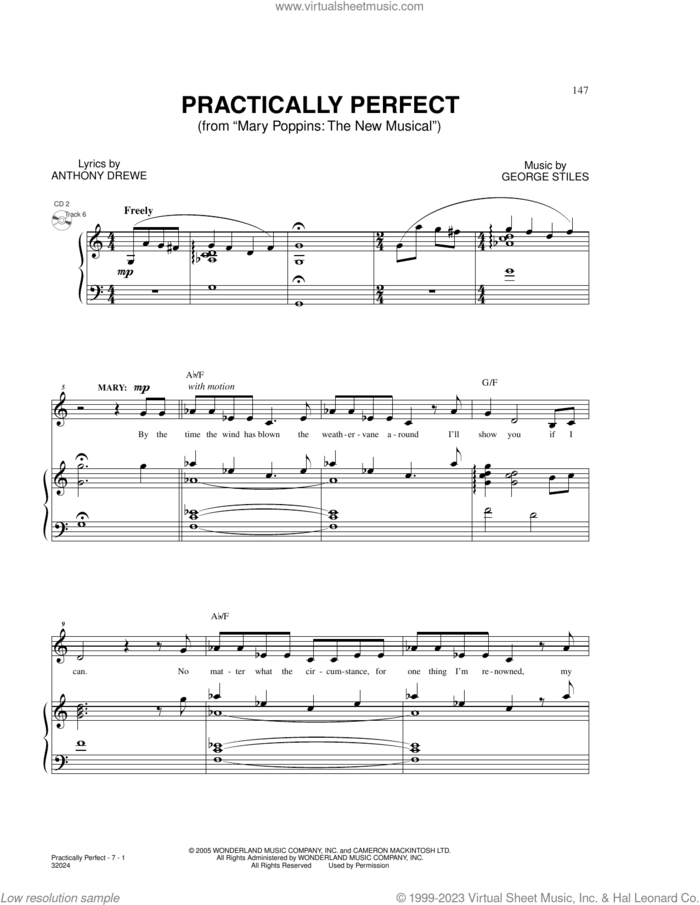 Practically Perfect (from Mary Poppins: The New Musical) sheet music for voice and piano by Anthony Drewe and George Stiles, intermediate skill level