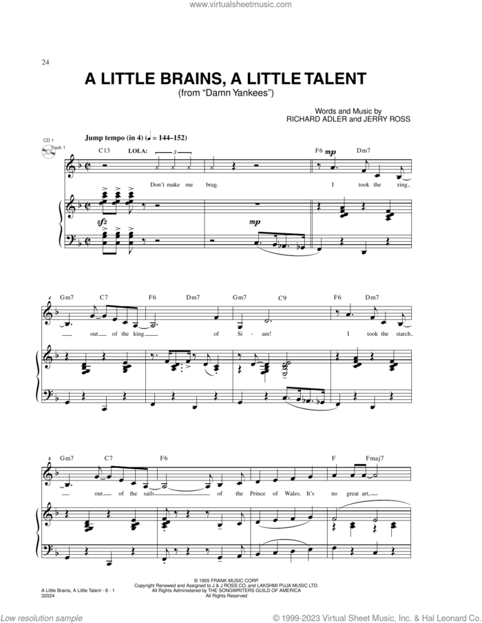 A Little Brains, A Little Talent (from Damn Yankees) sheet music for voice and piano by Adler & Ross, Jerry Ross and Richard Adler, intermediate skill level