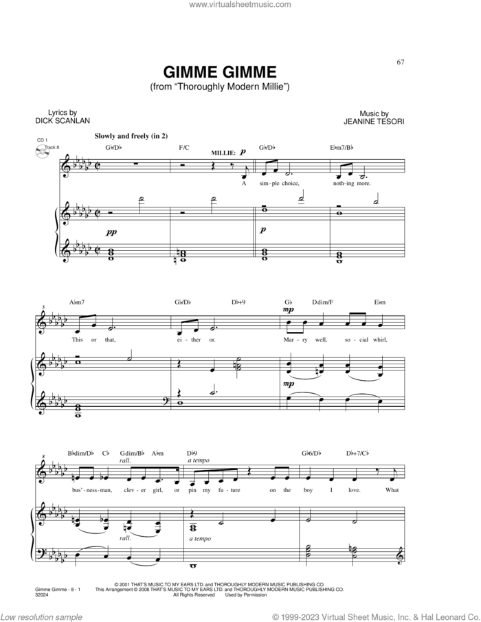 Gimme Gimme (from Thoroughly Modern Millie) sheet music for voice and piano by Dick Scanlan and Jeanine Tesori, intermediate skill level