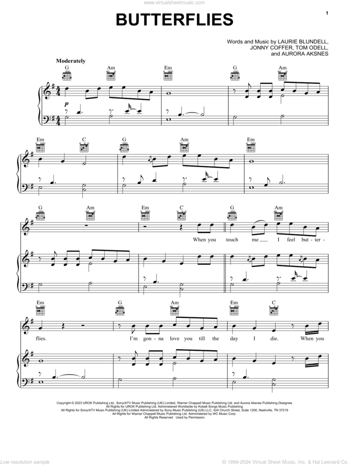 Butterflies (feat. AURORA) sheet music for voice, piano or guitar by Tom Odell, Aurora Aksnes, Jonny Coffer and Laurie Blundell, intermediate skill level