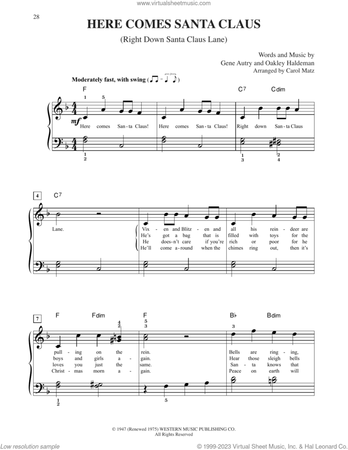Here Comes Santa Claus (Right Down Santa Claus Lane) (arr. Carol Matz) sheet music for piano solo (big note book) by Gene Autry and Oakley Haldeman, easy piano (big note book)