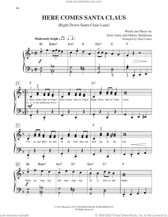 Here Comes Santa Claus (Right Down Santa Claus Lane) (arr. Dan Coates) sheet music for piano solo by Gene Autry and Oakley Haldeman, easy skill level