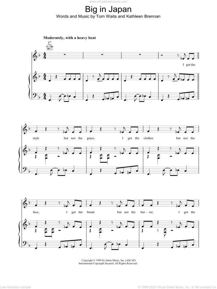 Big in Japan sheet music for voice, piano or guitar by Tom Waits, intermediate skill level