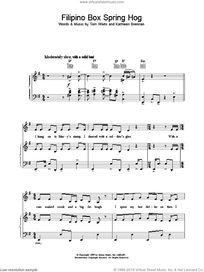 Filipino Box Spring Hog sheet music for voice, piano or guitar by Tom Waits, intermediate skill level