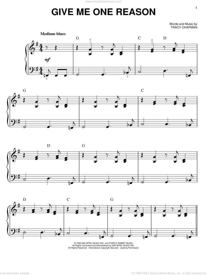 Give Me One Reason sheet music for piano solo by Tracy Chapman, easy skill level