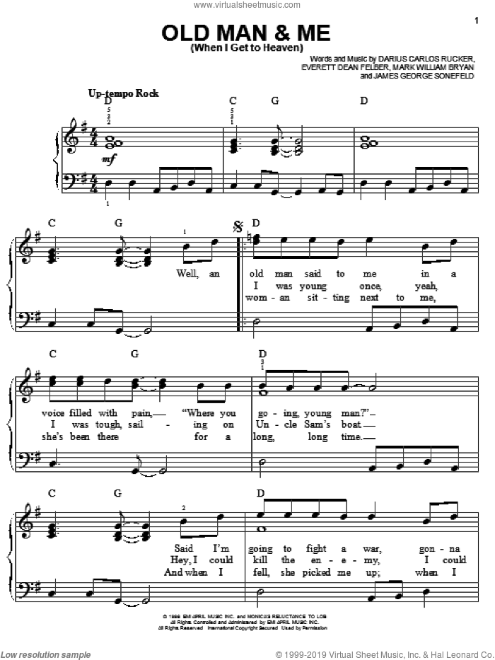 Old Man and Me (When I Get To Heaven) sheet music for piano solo by Hootie & The Blowfish, Darius Carlos Rucker, Everett Dean Felber, James George Sonefeld and Mark William Bryan, easy skill level