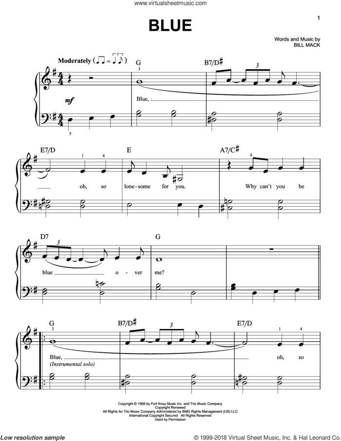 Blue sheet music for piano solo by LeAnn Rimes and Bill Mack, easy skill level