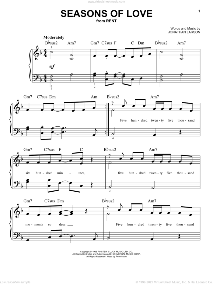 Seasons Of Love (from Rent), (easy) sheet music for piano solo by Jonathan Larson and Rent (Musical), wedding score, easy skill level