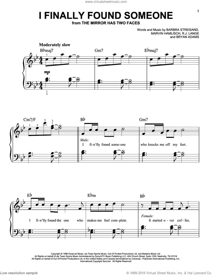 I Finally Found Someone, (easy) sheet music for piano solo by Barbra Streisand and Bryan Adams, Barbra Streisand, Bryan Adams, Marvin Hamlisch and Robert John Lange, wedding score, easy skill level