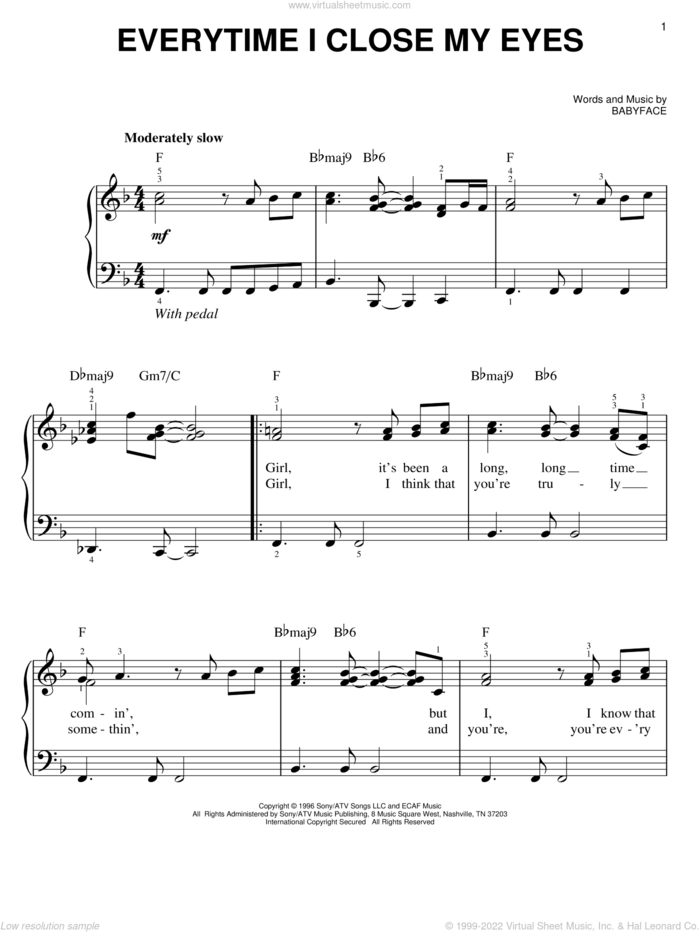 Everytime I Close My Eyes sheet music for piano solo by Babyface and Kenny G, easy skill level