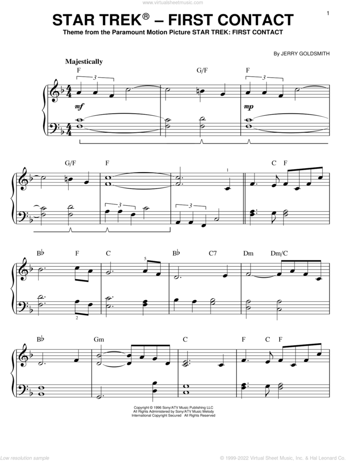 Star Trek First Contact, (easy) sheet music for piano solo by Jerry Goldsmith and Star Trek(R), easy skill level