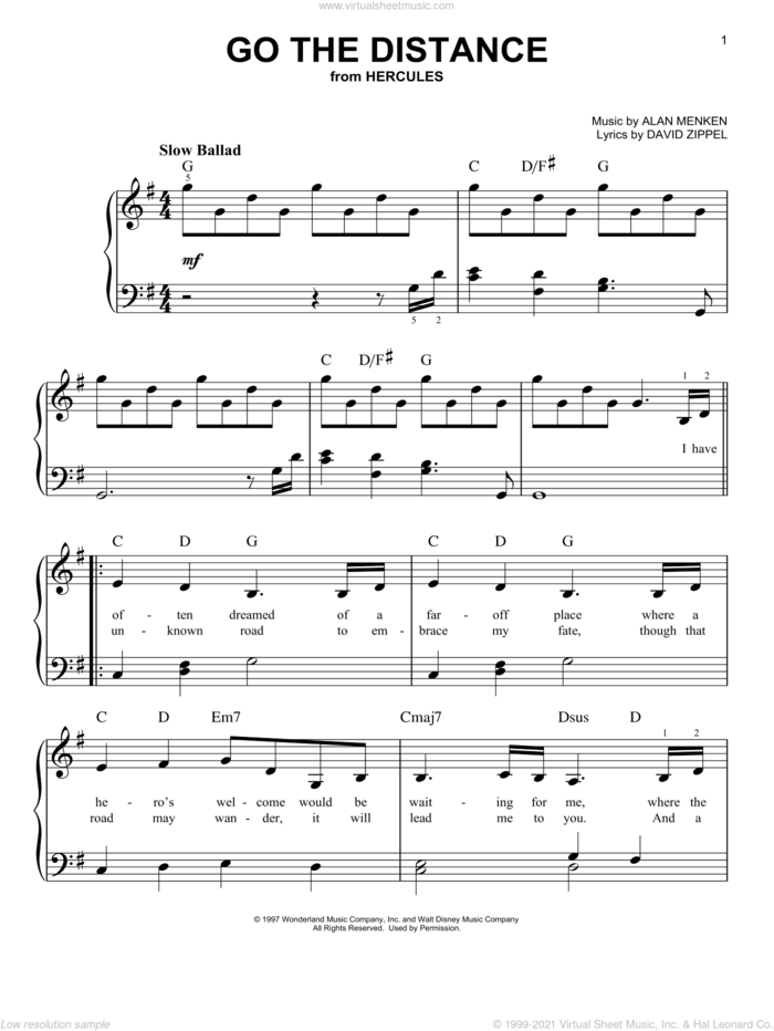 Go The Distance (from Hercules), (easy) sheet music for piano solo by Michael Bolton, Alan Menken and David Zippel, easy skill level