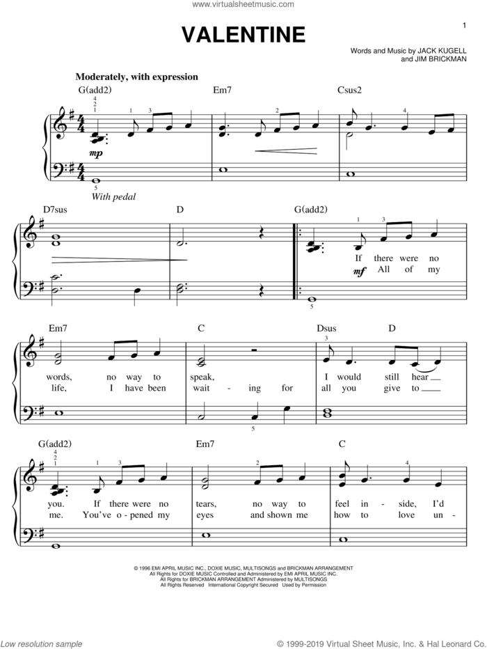 Valentine sheet music for piano solo by Jim Brickman with Martina McBride, Martina McBride, Jack Kugell and Jim Brickman, wedding score, easy skill level