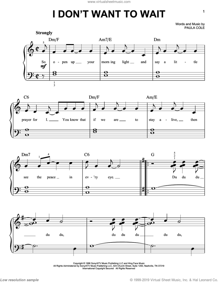 I Don't Want To Wait sheet music for piano solo by Paula Cole, easy skill level