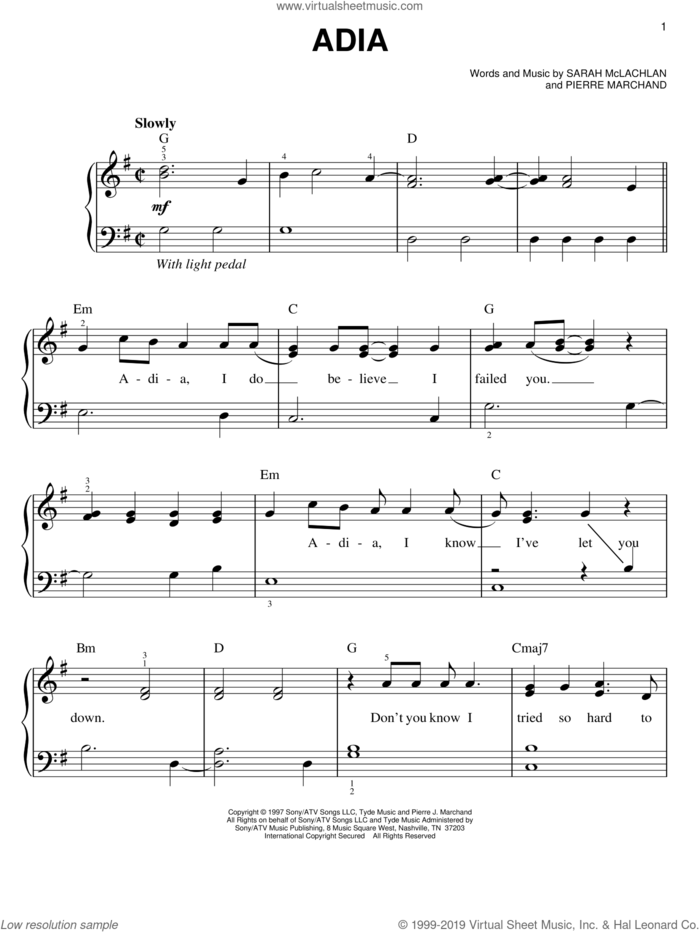 Adia sheet music for piano solo by Sarah McLachlan and Pierre Marchand, easy skill level
