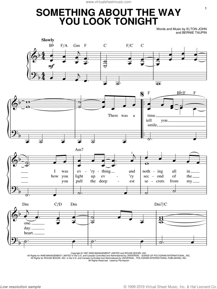 Something About The Way You Look Tonight, (easy) sheet music for piano solo by Elton John and Bernie Taupin, easy skill level