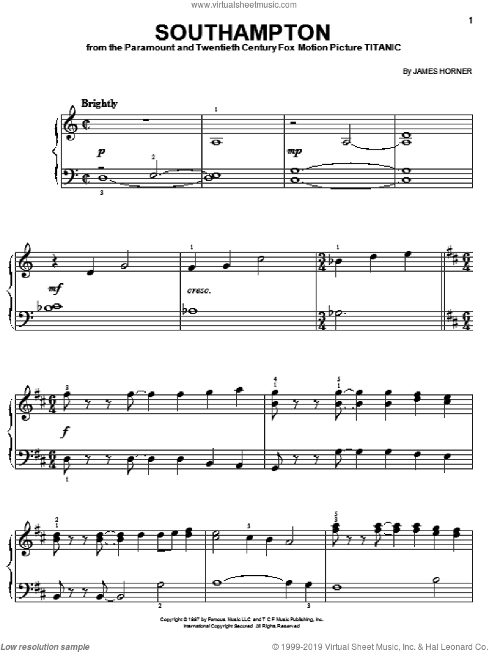 Southampton sheet music for piano solo by James Horner, easy skill level