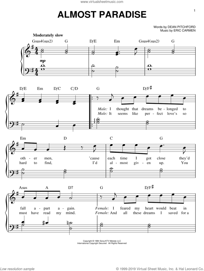 Almost Paradise sheet music for piano solo by Ann Wilson & Mike Reno, Ann Wilson, Footloose (Movie), Mike Reno, Dean Pitchford and Eric Carmen, wedding score, easy skill level