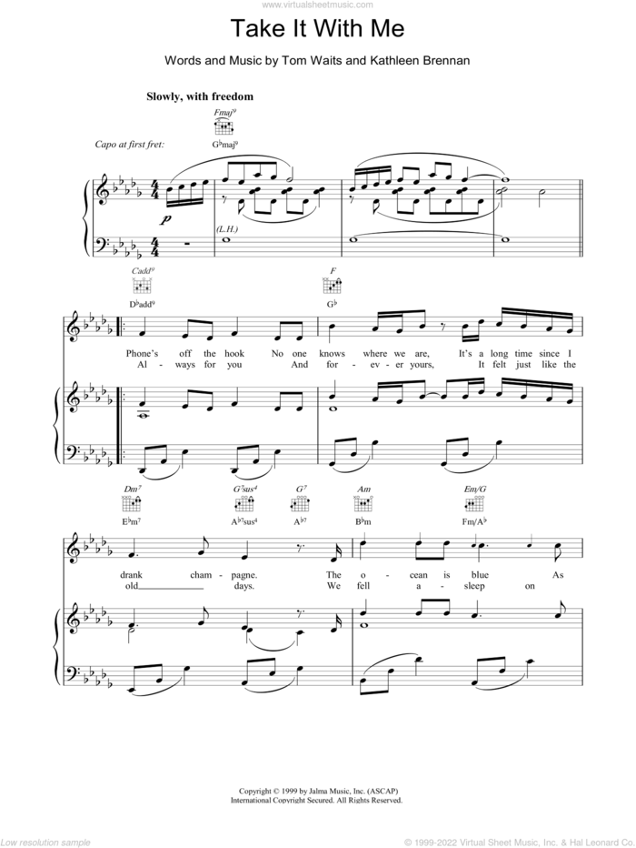 Take It With Me sheet music for voice, piano or guitar by Tom Waits, intermediate skill level