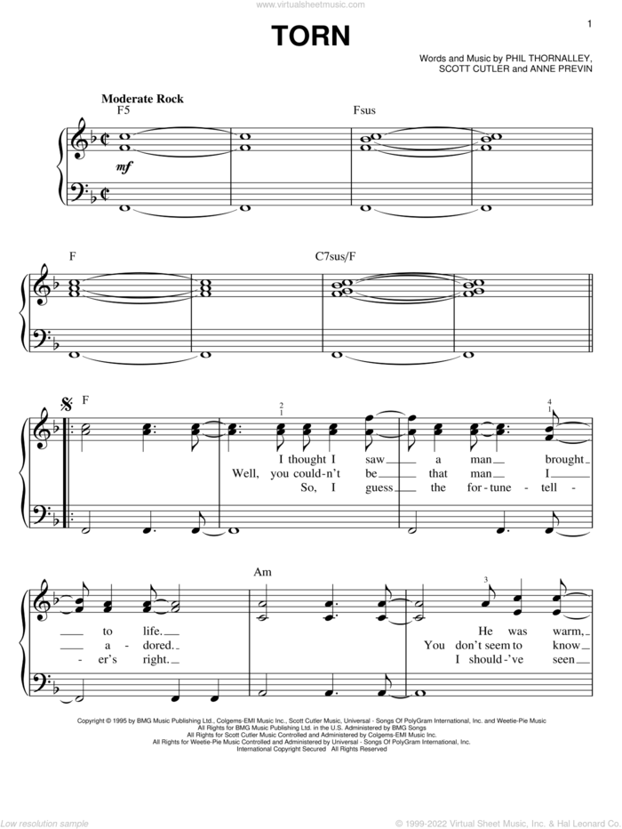 Torn sheet music for piano solo by Natalie Imbruglia, Anne Previn, Phil Thornalley and Scott Cutler, easy skill level