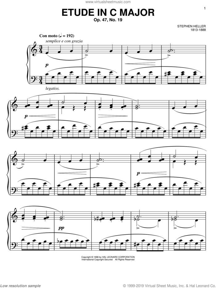 Etude in C Major, Op. 47, No. 19 sheet music for piano solo by Stephen Heller, classical score, easy skill level