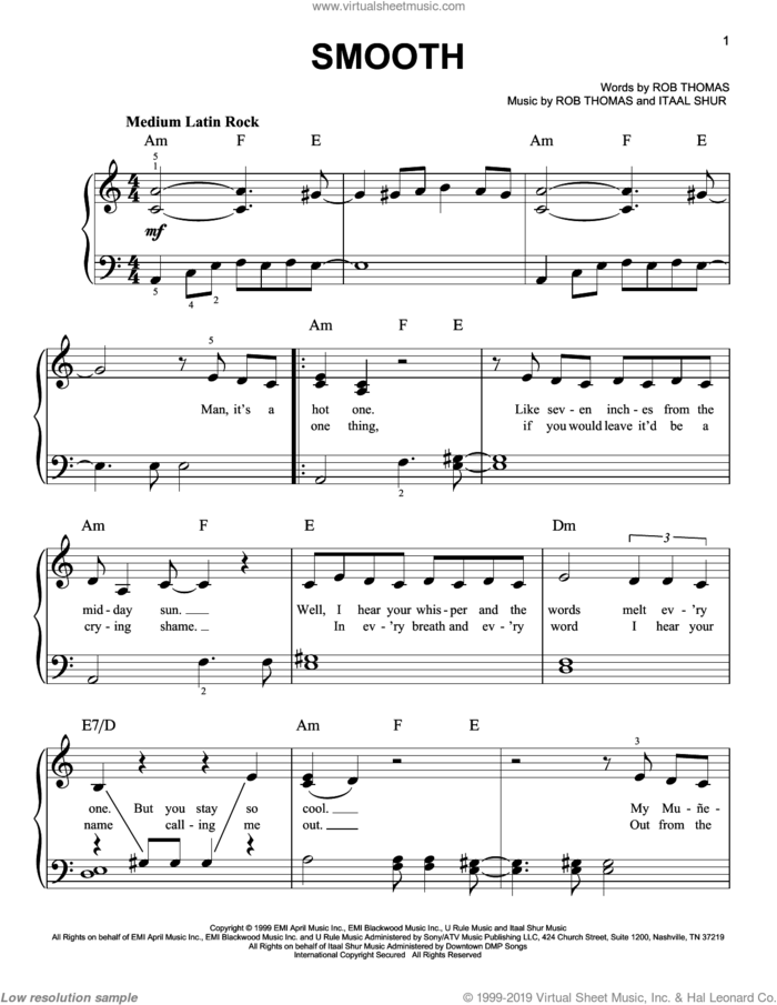 Smooth sheet music for piano solo by Santana featuring Rob Thomas, Carlos Santana, Itaal Shur and Rob Thomas, easy skill level