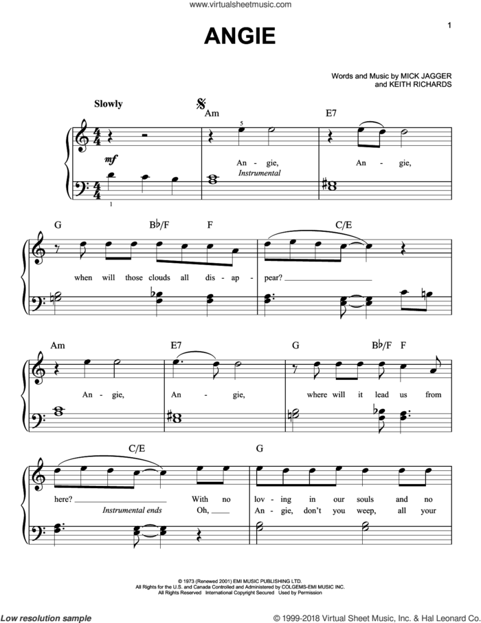 Angie, (beginner) sheet music for piano solo by The Rolling Stones, Keith Richards and Mick Jagger, beginner skill level