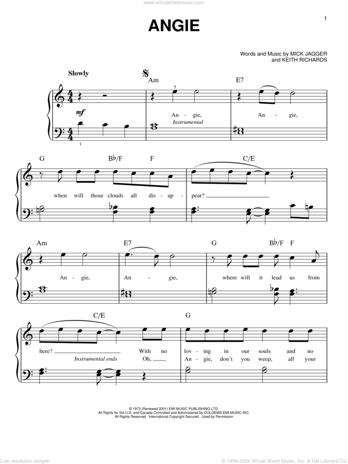 Angie, (beginner) sheet music for piano solo by The Rolling Stones, Keith Richards and Mick Jagger, beginner skill level