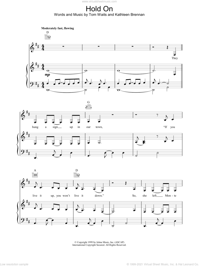 Hold On sheet music for voice, piano or guitar by Tom Waits, intermediate skill level